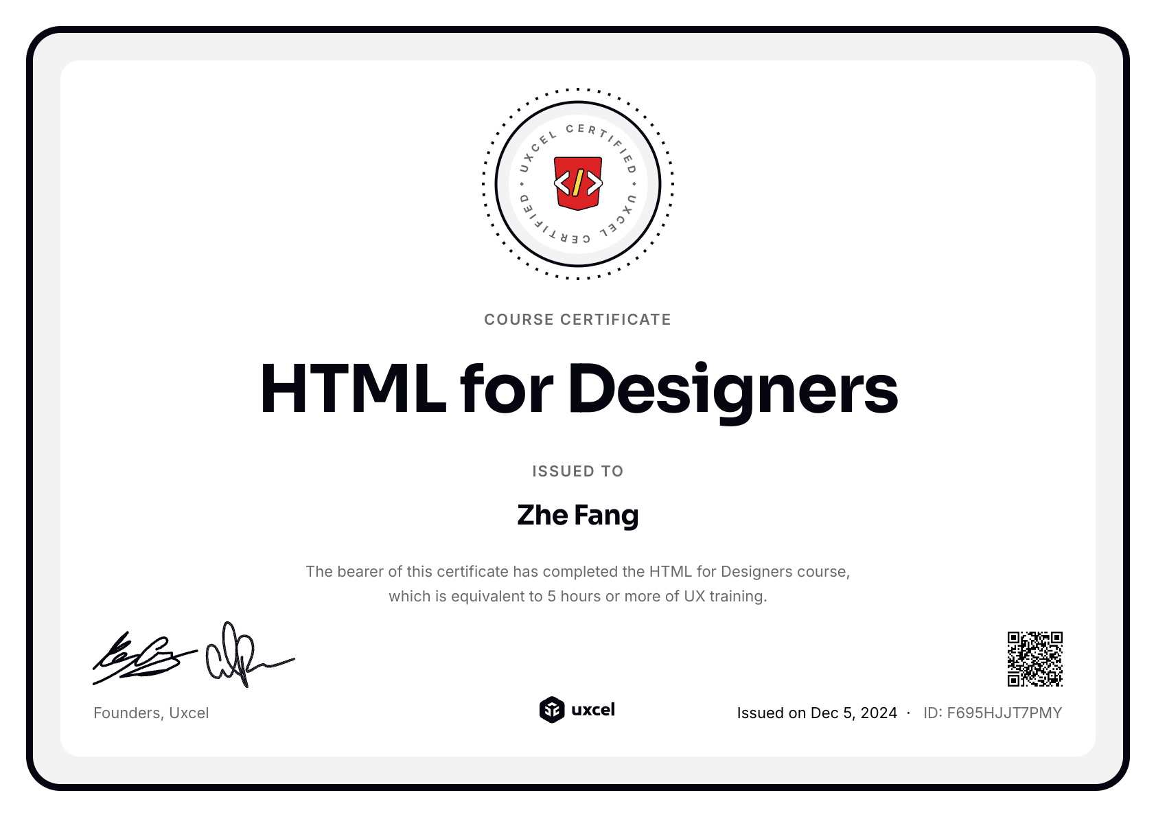 Zhe Fang's certificate